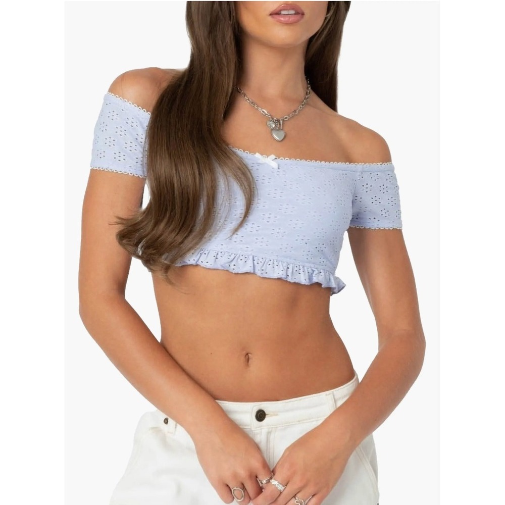 Edikted Y2K Crop Top Medium Coquette Light Blue Eyelet Floral Ruffle Bow Tee